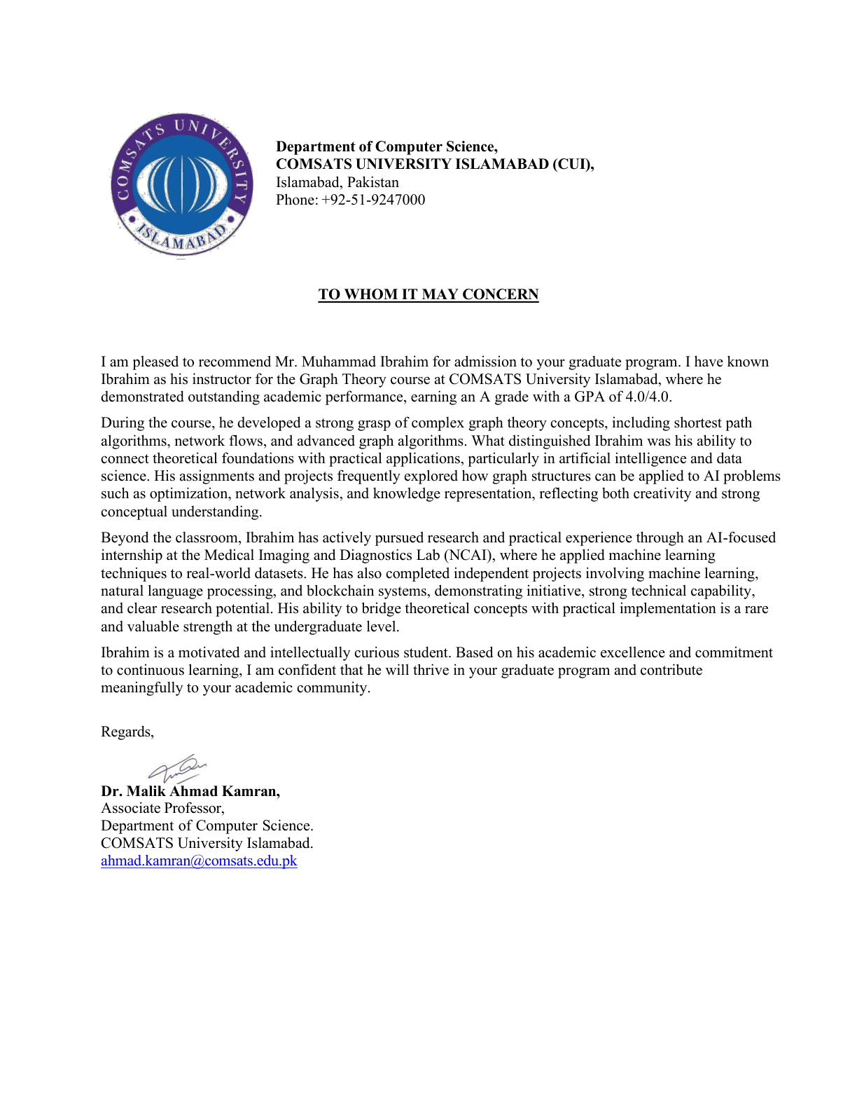 Dr. Malik Ahmad Kamran recommendation letter