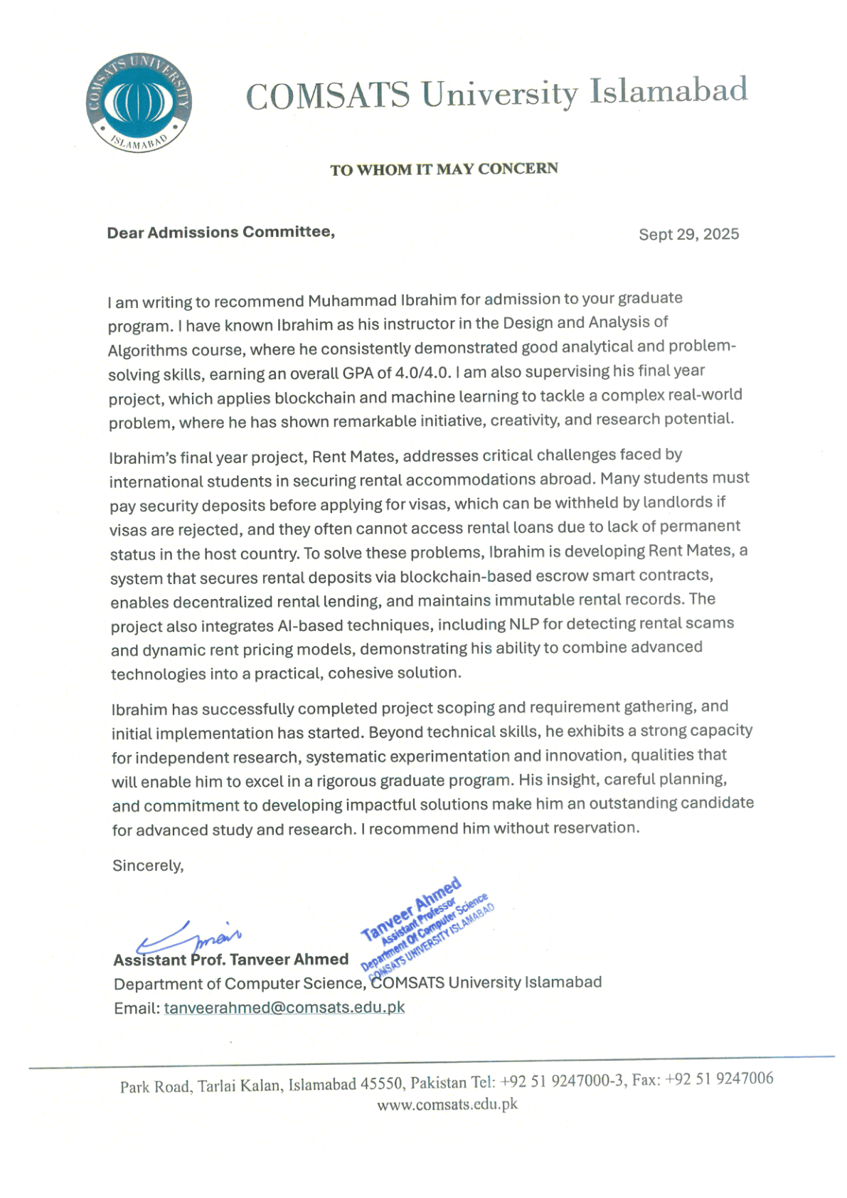 Asst. Prof. Tanveer Ahmed recommendation letter