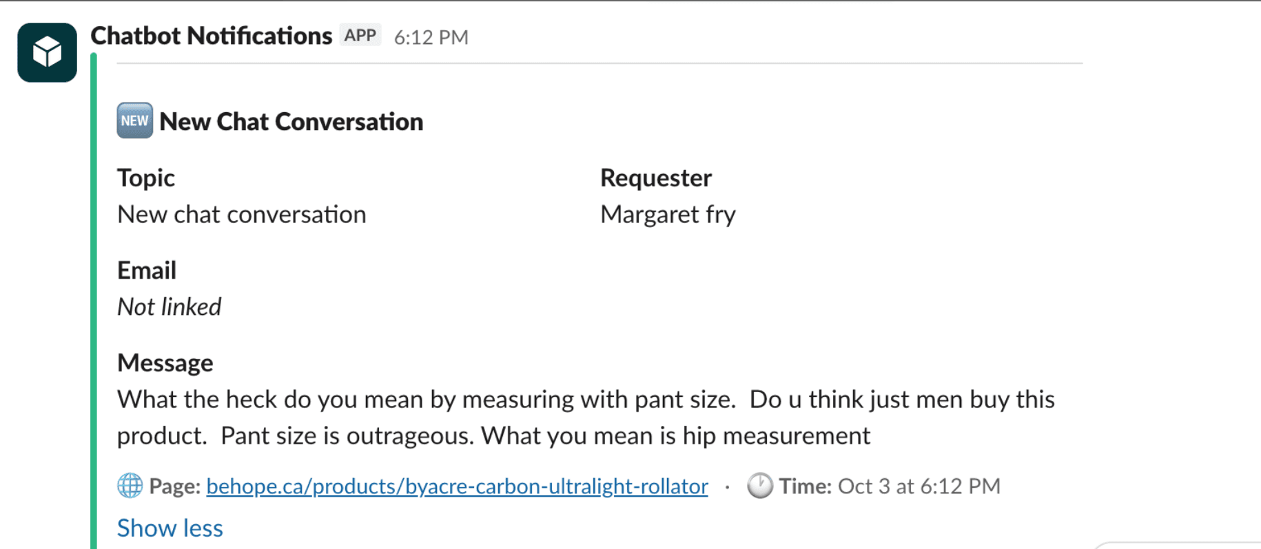 Customer feedback email about measurement wording