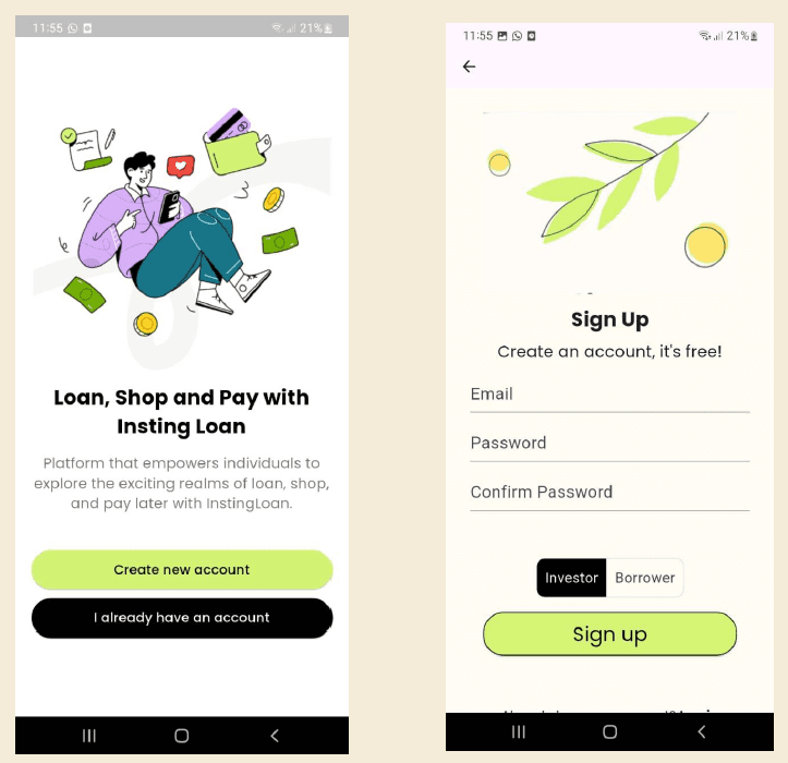 Login and sign up screens