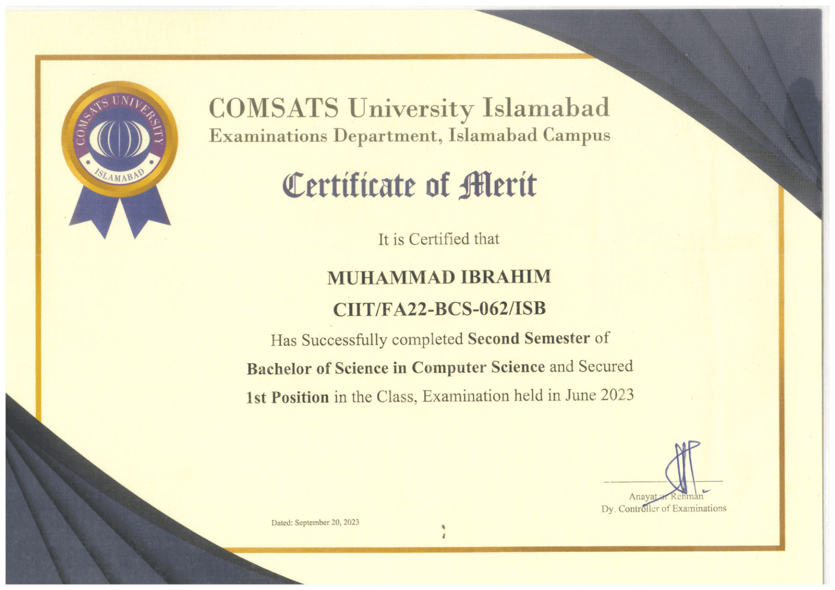 1st Position, 2nd Semester