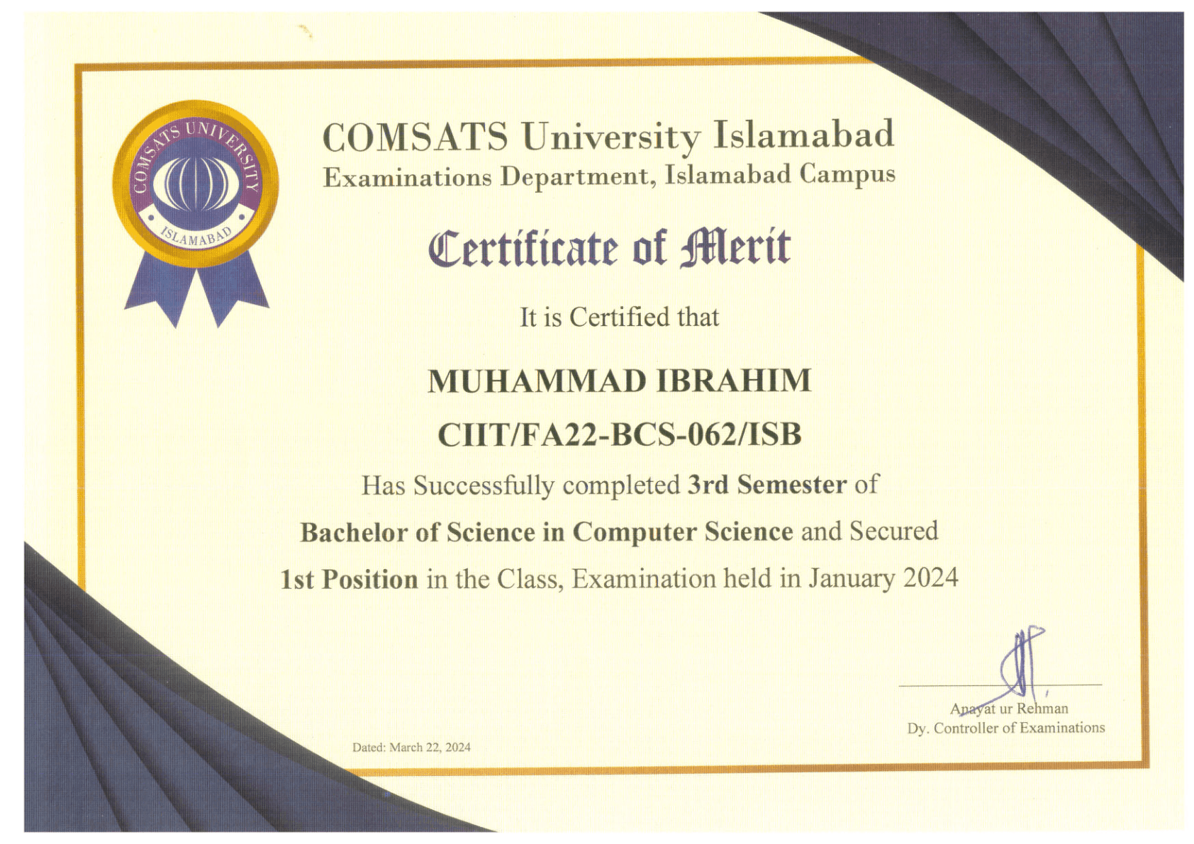 1st Position, 3rd Semester