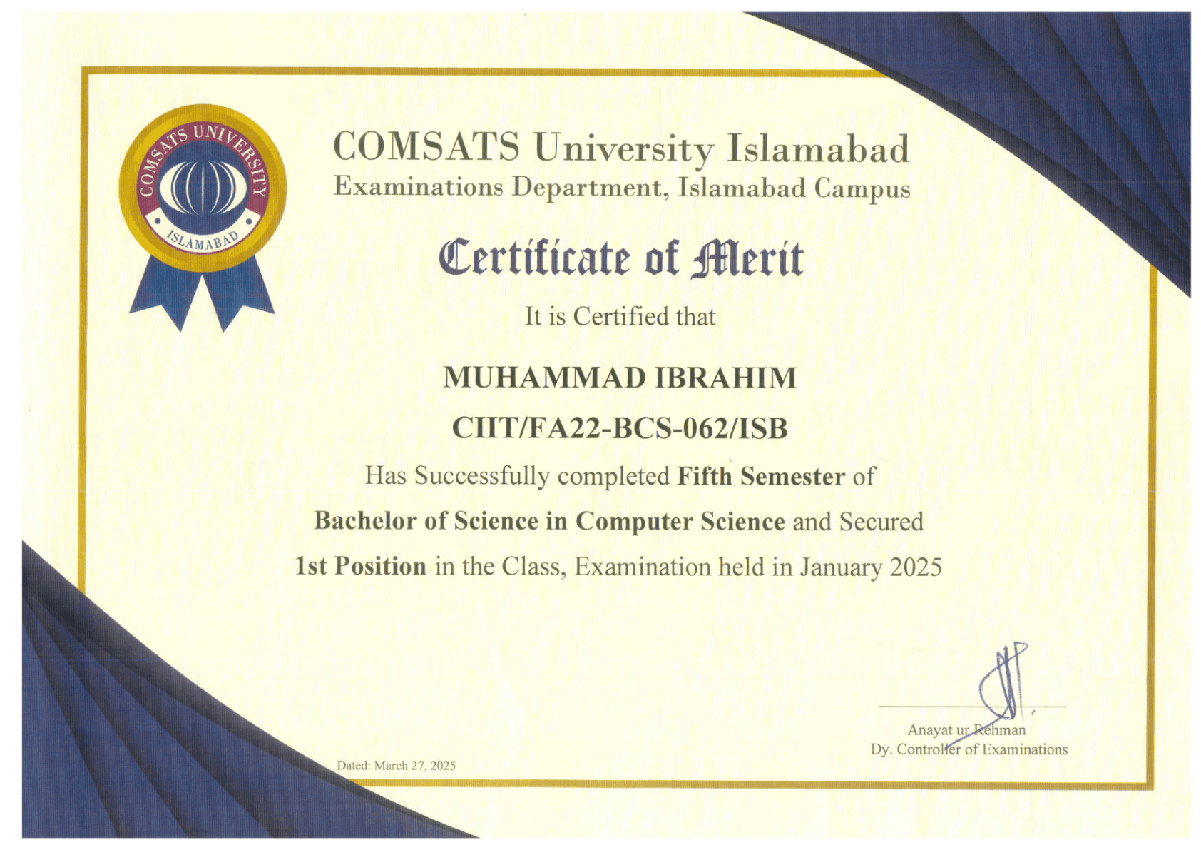 1st Position, 5th Semester